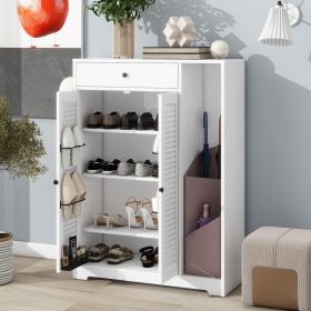 Freestanding Shoe Rack Organizer with 2 Shutter Door, Entryway Narrow Shoe Storage with Adjustable Storage Shelf &Top Drawer, Modern Slim Shoe Cabinet