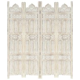Hand carved 4-Panel Room Divider White 63"x65" Solid Mango Wood