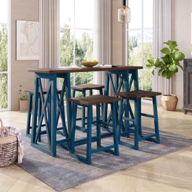 Rustic Counter Height 5-Piece Dining Set, Wood Console Table Set with 4 Stools for Small Places (Main Material: Solid Wood, Main Color: Blue)