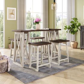 Rustic Counter Height 5-Piece Dining Set, Wood Console Table Set with 4 Stools for Small Places (Main Material: Solid Wood, Main Color: Cream)