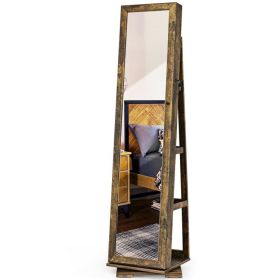 360° Rotatable 2-in-1 Lockable Jewelry Cabinet with Full-Length Mirror (Color: Rustic Brown)