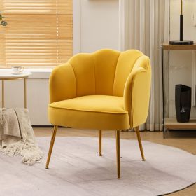 Shell Shape Velvet Fabric Armchair Accent Chair With Gold Legs For Living Room Bedroom (Color: Yellow)