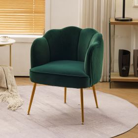 Shell Shape Velvet Fabric Armchair Accent Chair With Gold Legs For Living Room Bedroom (Color: Dark Green)